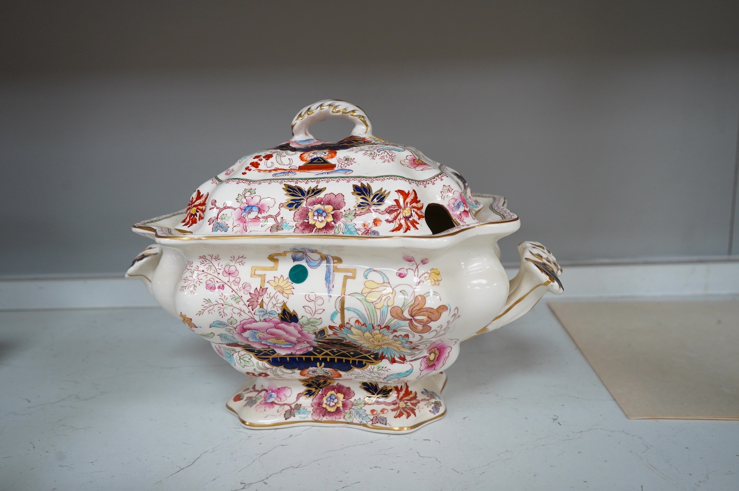 A Mason's ironstone tureen and cover, early 20th century, a Victorian Peking comport and a floral bowl and cover, largest 33cm (3). Condition - good